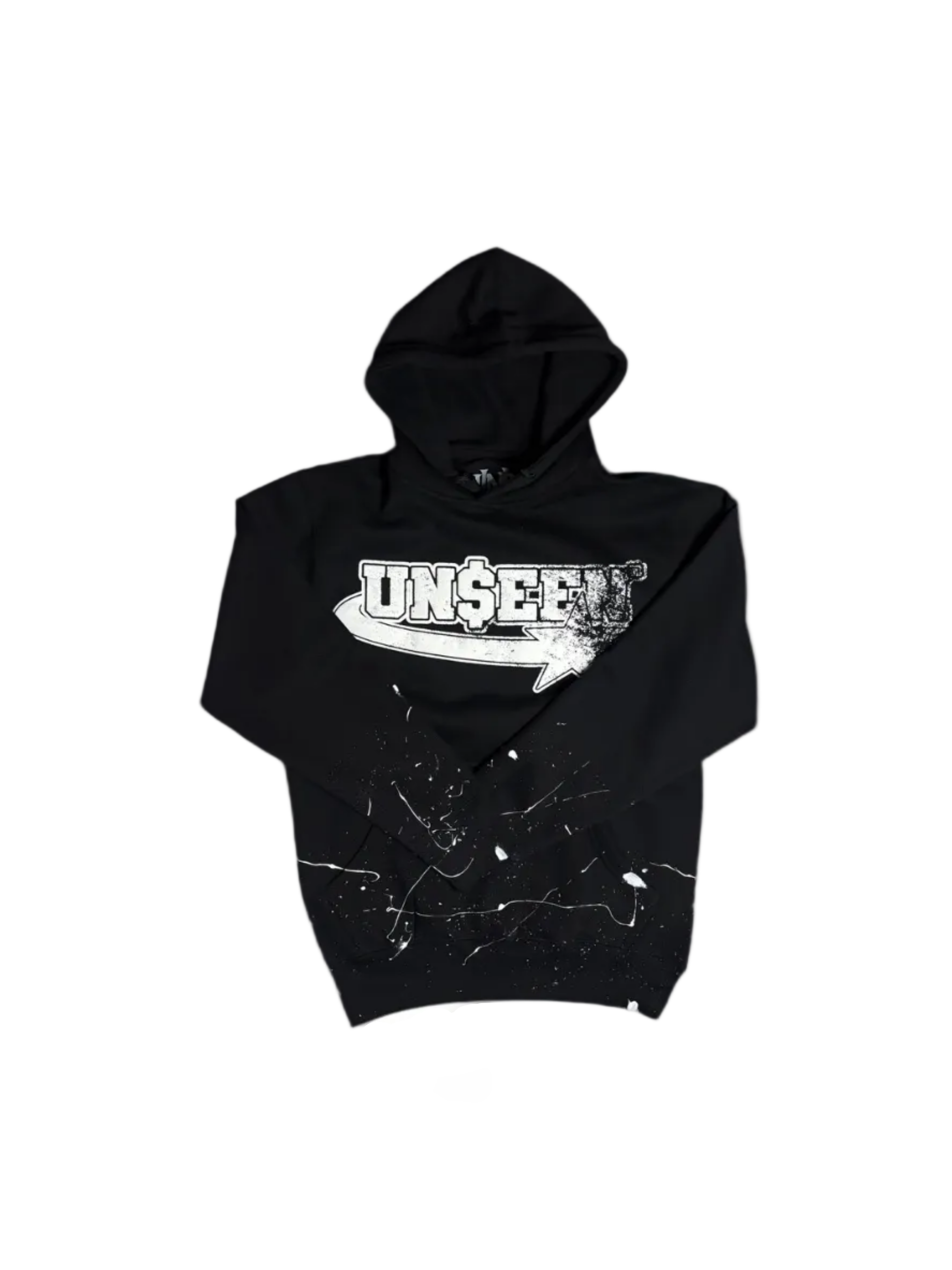 Black hoodie with 'UN$EEF' logo on a white background
