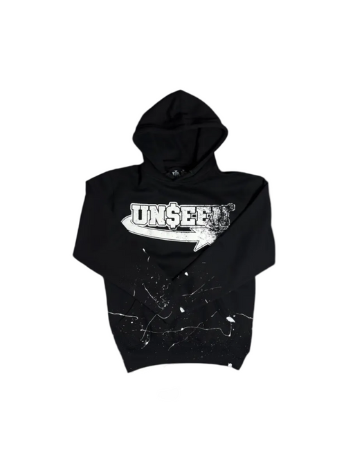 Black hoodie with 'UN$EEF' logo on a white background